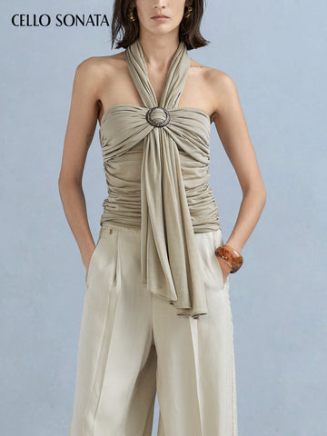 Coconut shell buckle draped halter top