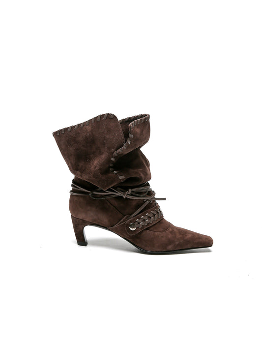 Suede Woven Lace-Up Ruched Ankle Boots