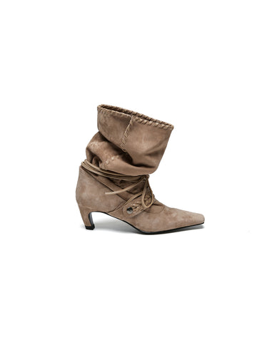 Suede Woven Lace-Up Ruched Ankle Boots