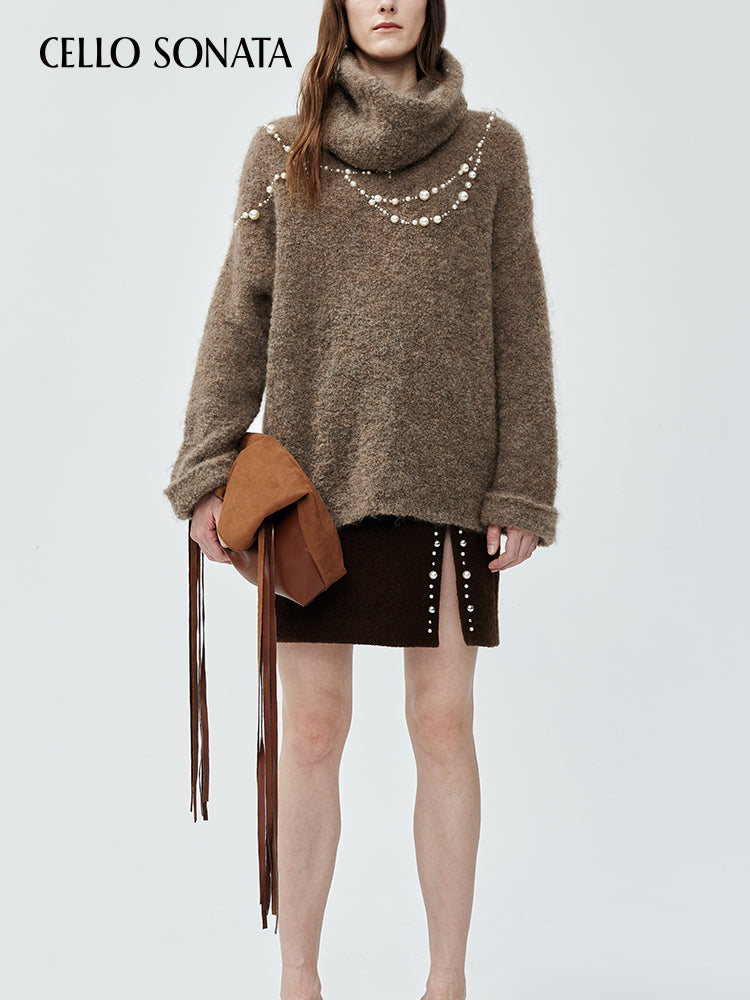 Bead-embroidered Sweater with Scarf Set