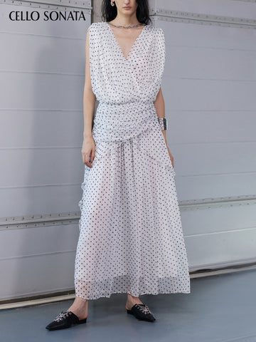 Black and white Dots Silk Ruched Maxi Dress
