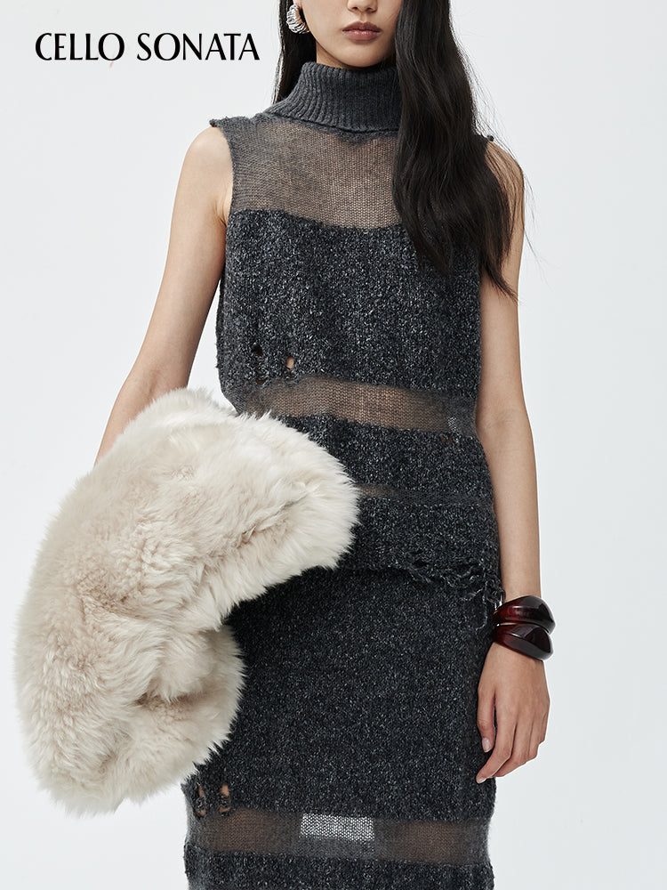 Black Knitted Cut-out  Sleeveless High Neck Sweater