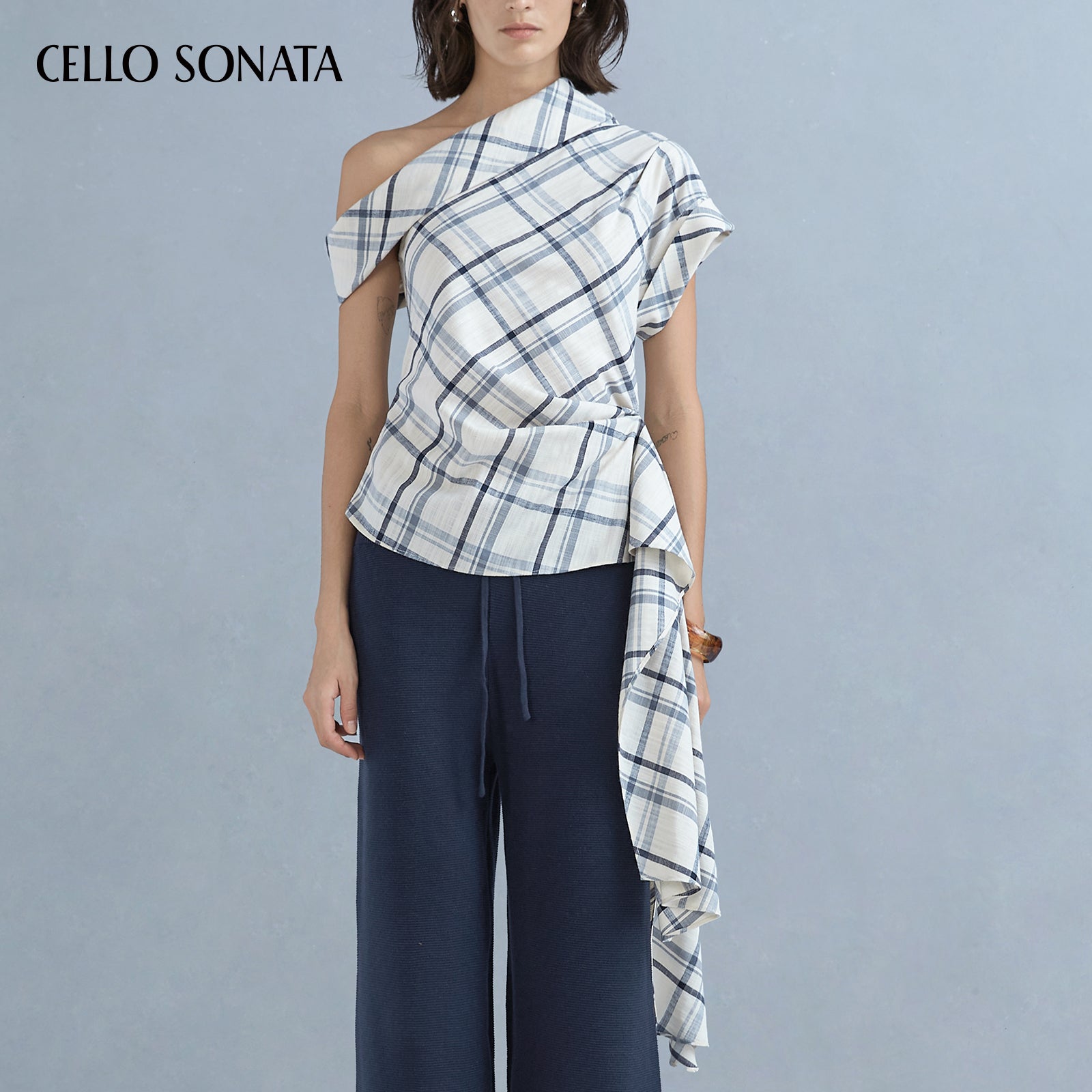 Plaid Asymmetric Ribbon Top