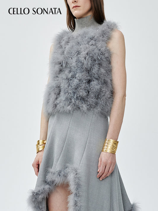 Feather-knitted Sleeveless Turtleneck Top