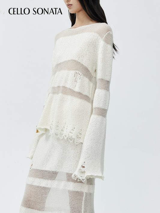 White Knitted Cut-out Long Sleeve Top
