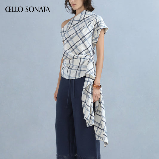 Plaid Asymmetric Ribbon Top