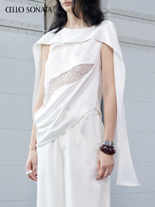 White Acetate Lace Patchwork Top with Streamers