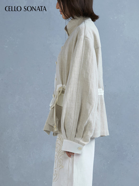 Contrast-lapel Linen Jacket with Drawstrings