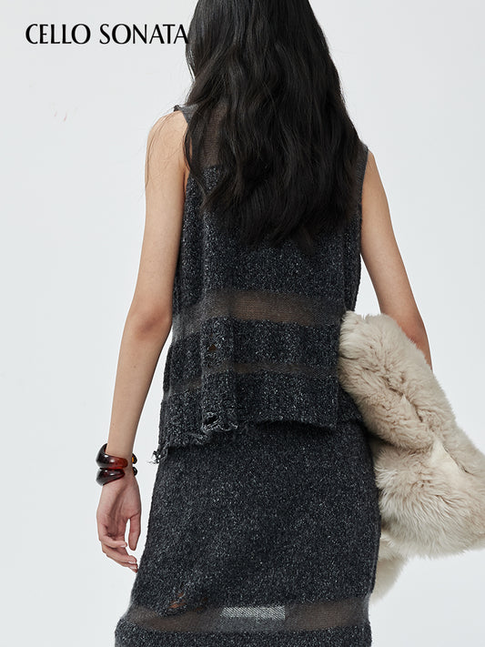 Black Knitted Cut-out  Sleeveless High Neck Sweater