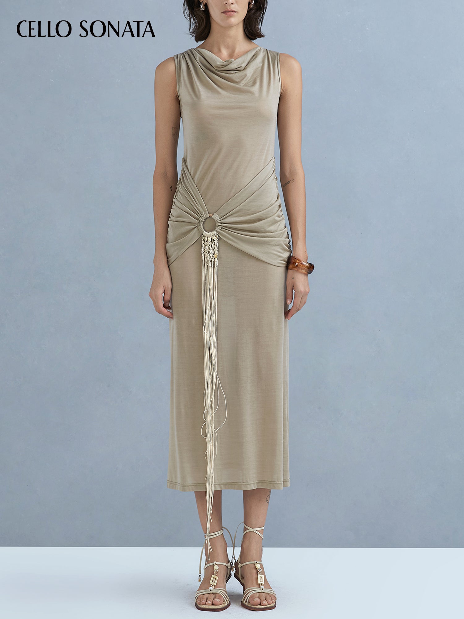 Coconut shell buckle draped neckline dress