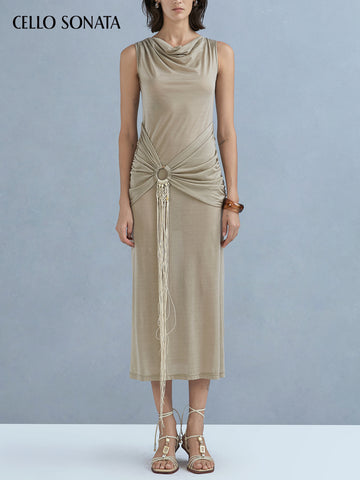 Coconut shell buckle draped neckline dress