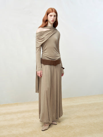 Asymmetrical Shoulder Cut-Out Ribbon Knit Dress