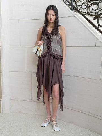 Irregular Sheer Yarn Splicing Two-Tone Ribbed Ruffle Knit Dress