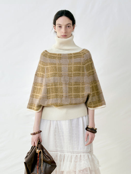 Plaid Turtleneck Cape Sweater