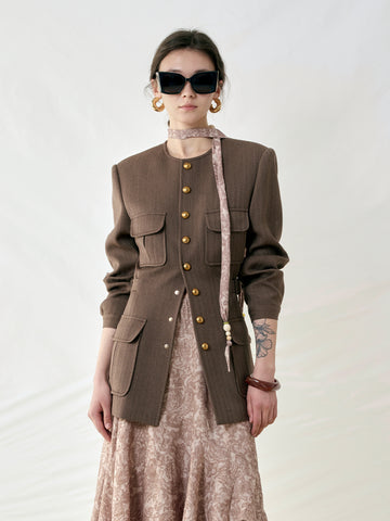 Round Neck Waist-Cinched Wool Yarn-Dyed Dark Stripe Jacket