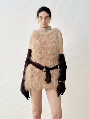 Turkey Feather Ribbed Neck Sleeveless Mini Dress