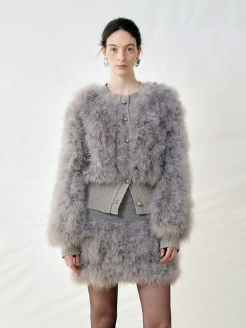 Turkey Feather Patchwork Wool Ribbed Knit Fur Jacket