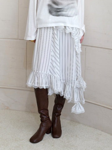Striped Lace-Panel Ruffle Skirt