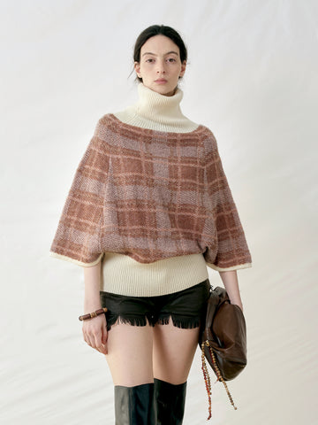 Plaid Turtleneck Cape Sweater