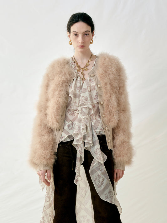 Turkey Feather Patchwork Wool Ribbed Knit Fur Jacket