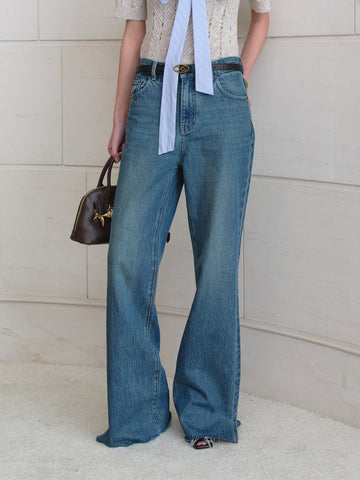 Washed Denim Slim Fit Slightly Stretchy Slit Trousers