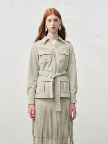 Multi-Pocket Faux Suede Lace-Up Utility Shirt