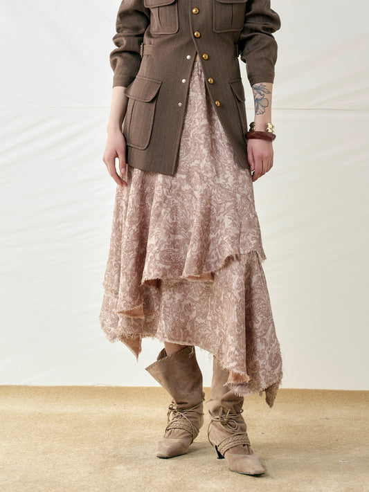 Paisley Double-Layer Irregular Hem Frayed Skirt