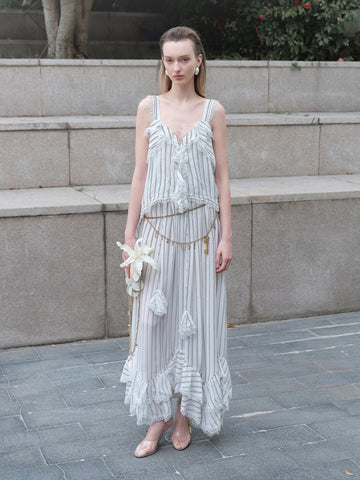 Striped Lace-Panel Tiered Ruffle Dress