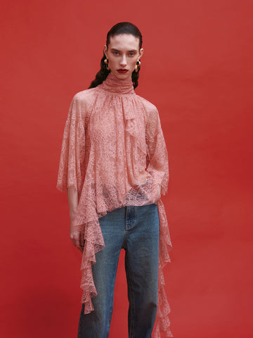 Pink Tie Irregular Hem Lace Top