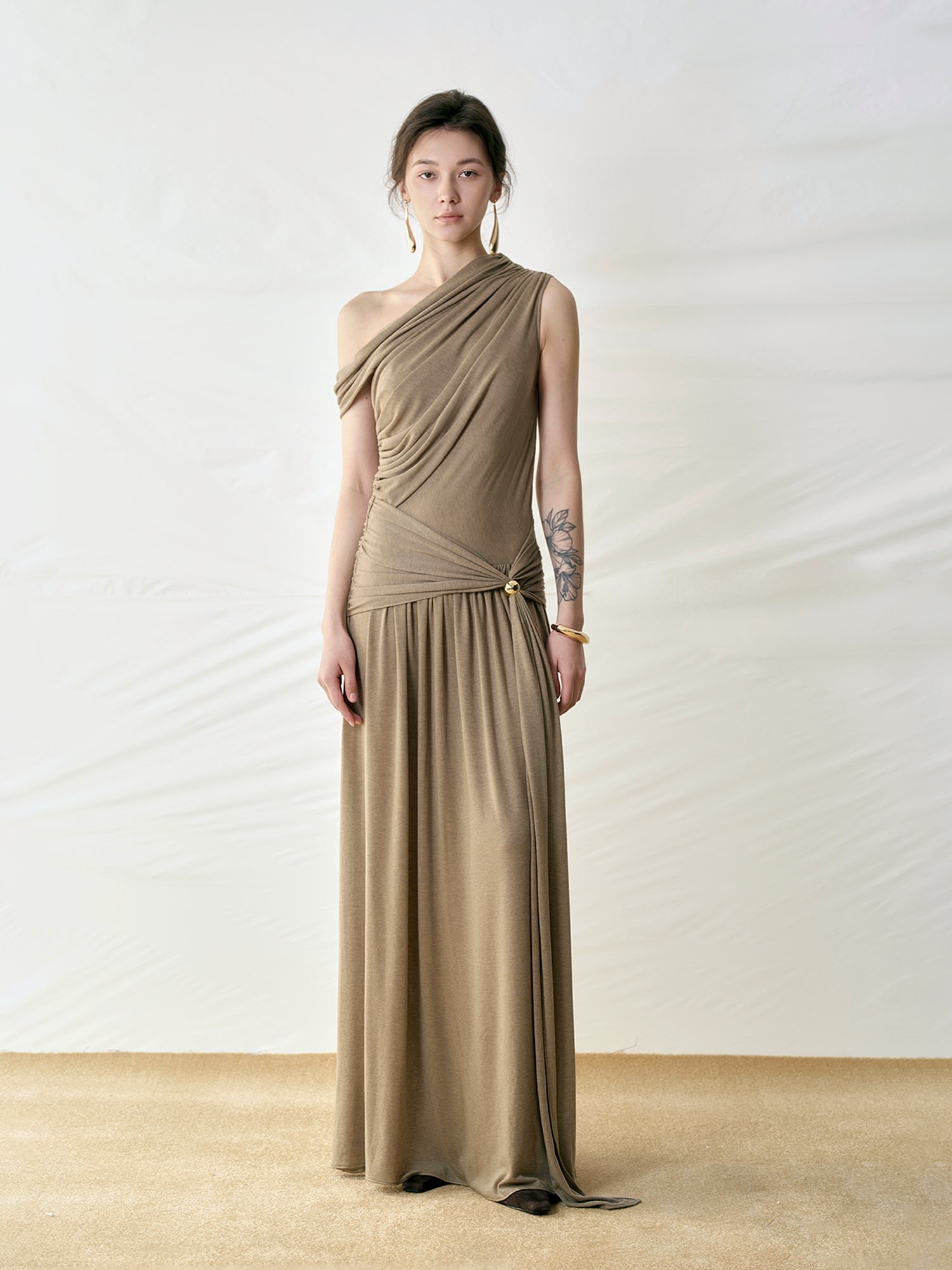 Asymmetrical Shoulder Gold Bead Dress