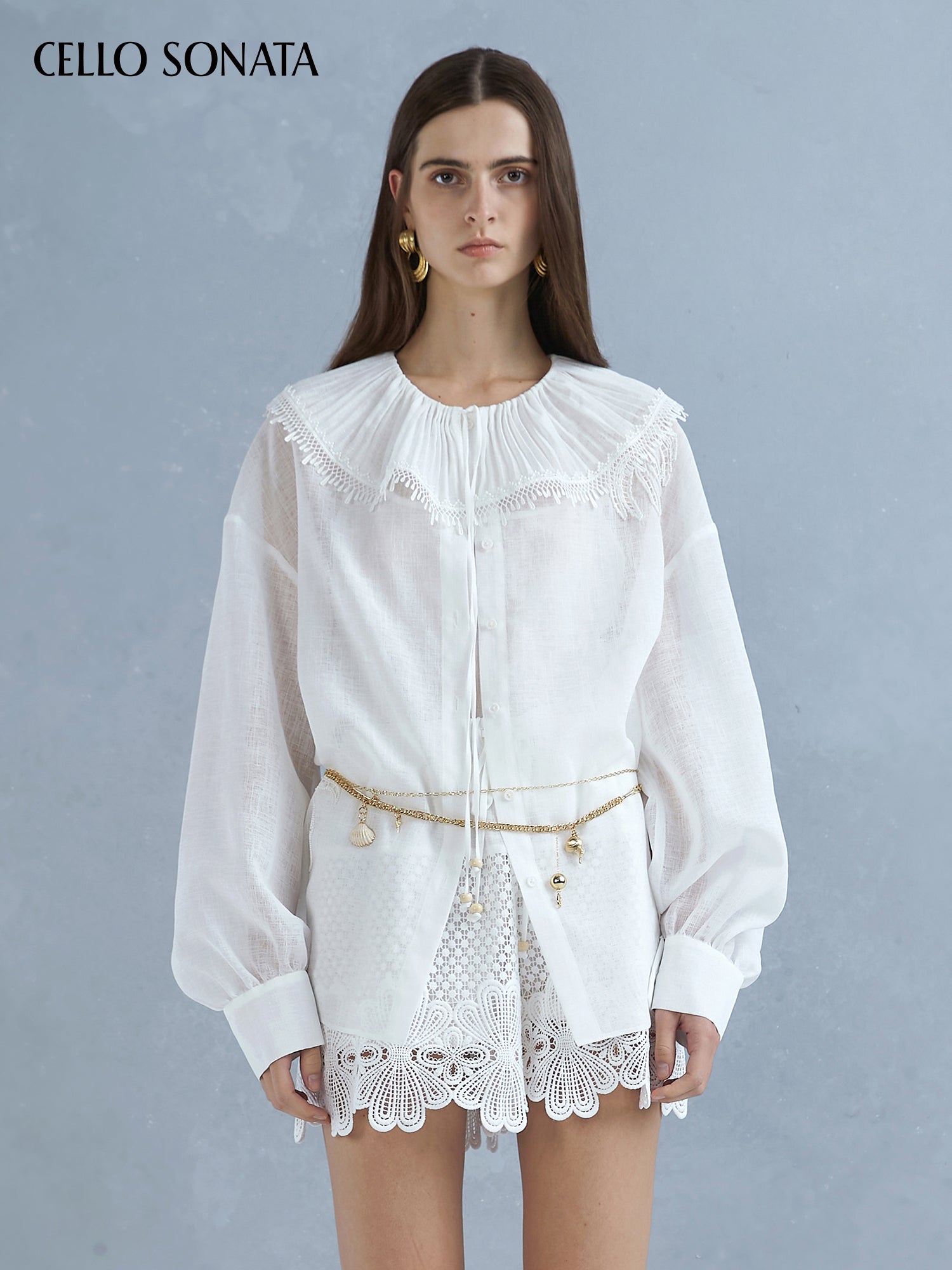 Pleated Collar Shirt with Bead Embroidery