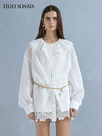 Pleated Collar Shirt with Bead Embroidery