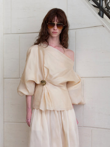 Silk Organza Satin Asymmetric One-Shoulder Ruched Long Sleeve Top
