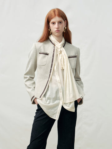 Tassel-Trim Color-Blocked Stand Collar Waist-Cinched Blazer Jacket