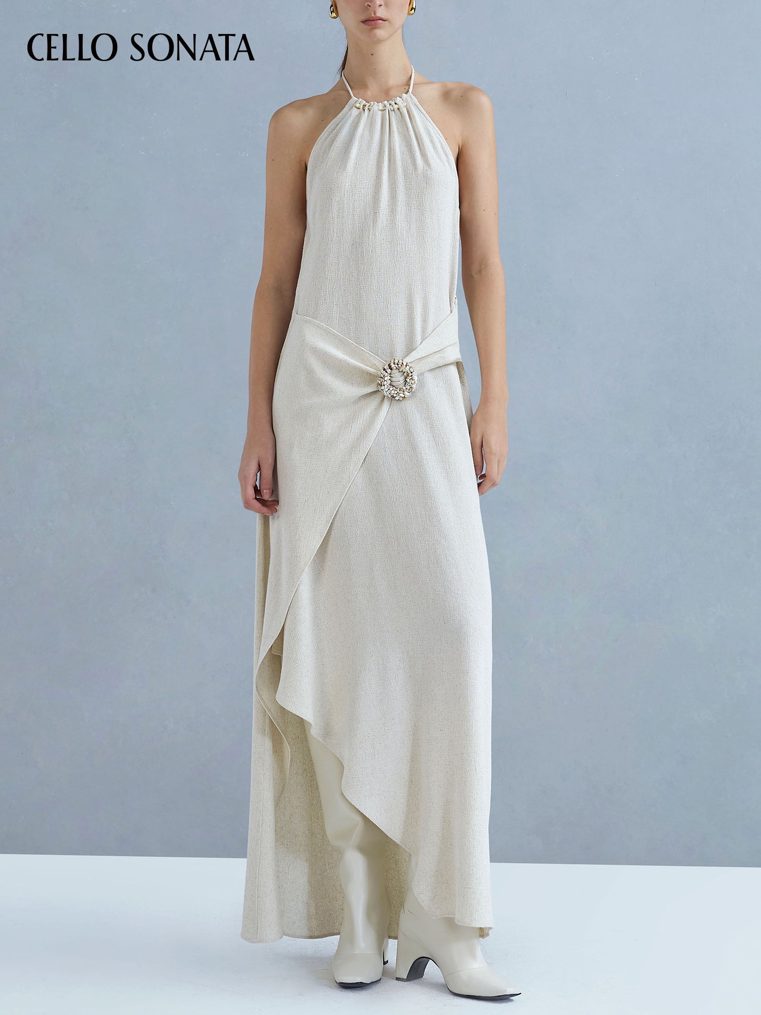Linen halter-neck backless dress