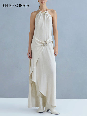 Linen halter-neck backless dress