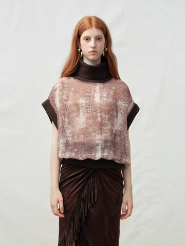 Brown Snake Print Turtleneck Drop Shoulder Top