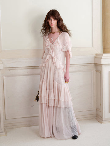 Pink Lace Three-Quarter Sleeve Ruffle Dress