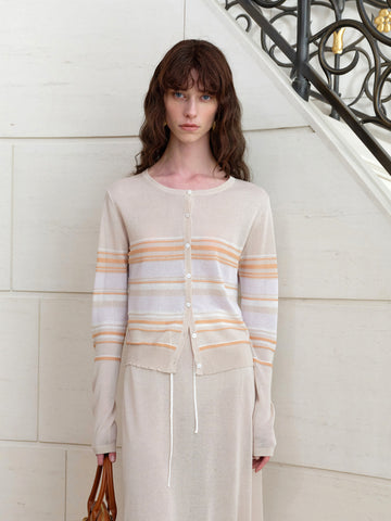 Color-Block Striped Crew Neck Cardigan