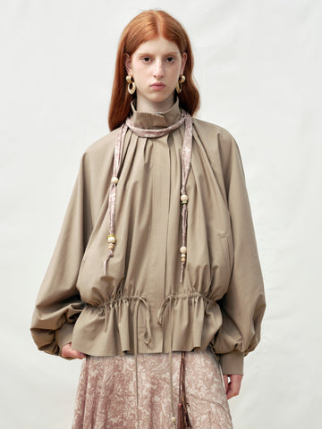 Wooden Bead Scarf Waist-Cinched Jacket