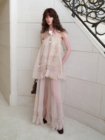 Sheer Yarn Fixed Pleat Halter Tie Dress