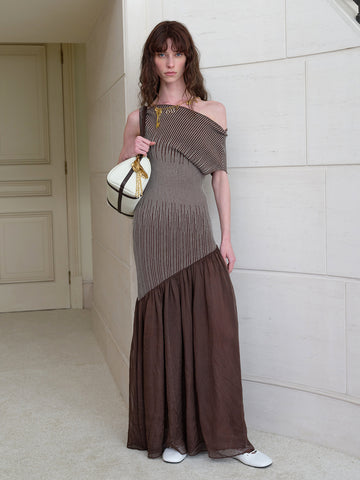 Asymmetric One-Shoulder Two-Tone Ribbed Knit Dress with Sheer Yarn Splicing