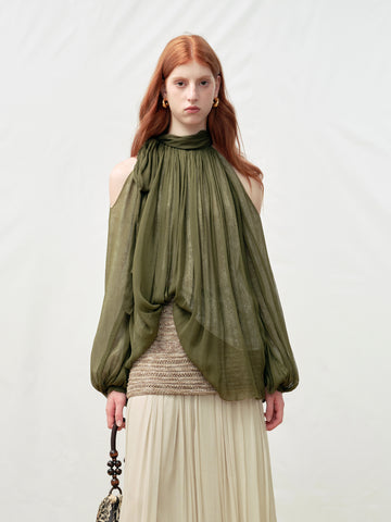 Green Ribbed Collar Off-Shoulder Pleated Top