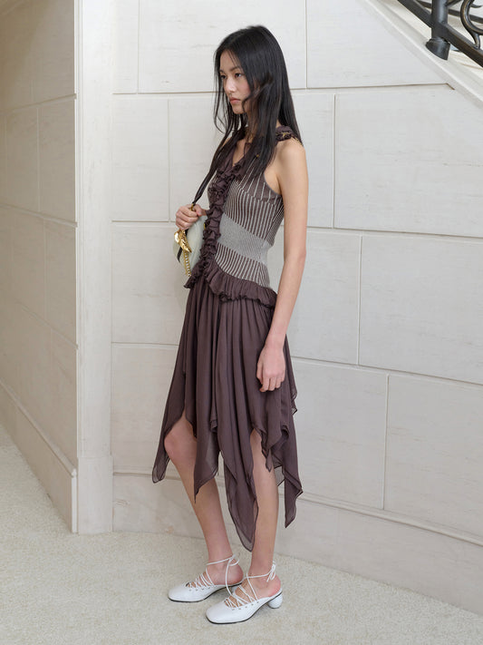 Irregular Sheer Yarn Splicing Two-Tone Ribbed Ruffle Knit Dress