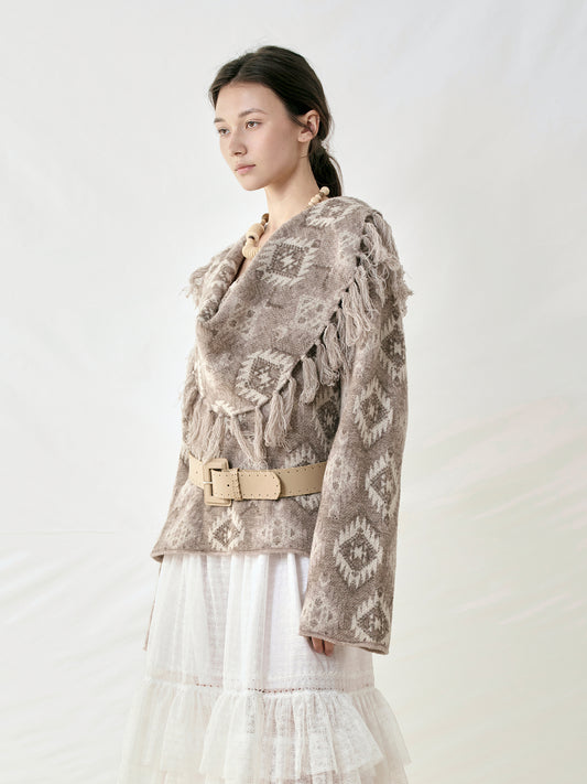 Draped Neck Tassel Jacquard Top