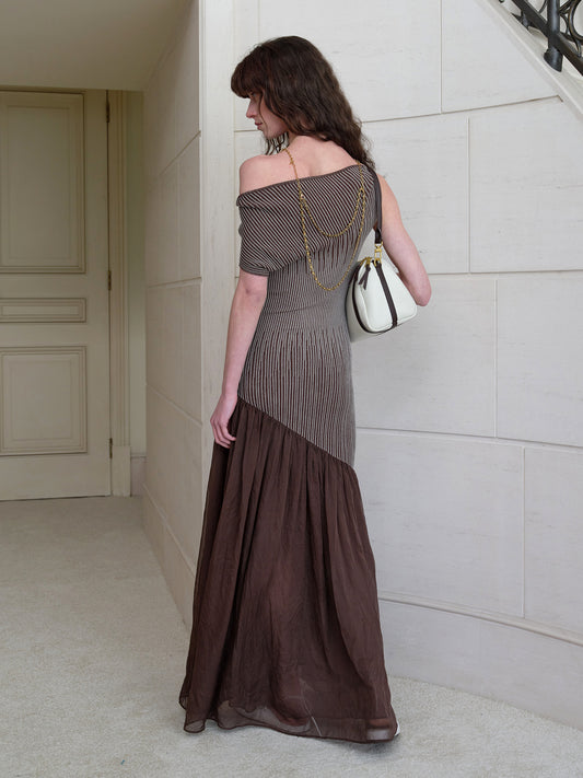 Asymmetric One-Shoulder Two-Tone Ribbed Knit Dress with Sheer Yarn Splicing