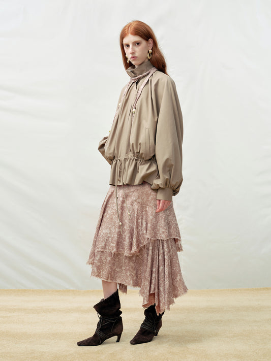 Wooden Bead Scarf Waist-Cinched Jacket