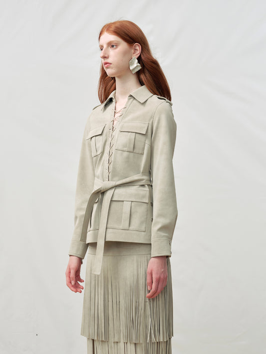 Multi-Pocket Faux Suede Lace-Up Utility Shirt