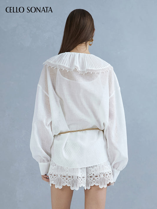 Pleated Collar Shirt with Bead Embroidery