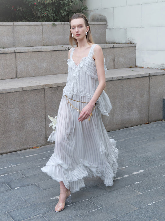 Striped Lace-Panel Tiered Ruffle Dress